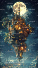 Magical Floating City Under Moonlit Night with Illuminated Architecture
