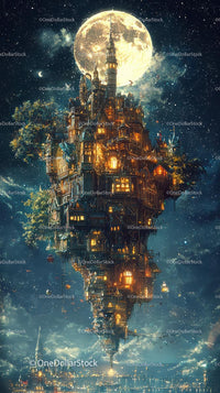Magical Floating City Under Moonlit Night with Illuminated Architecture