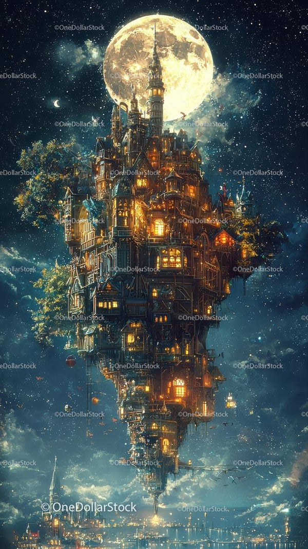 Magiczne unoszące się miasto pod księżycową nocą z oświetloną architekturą