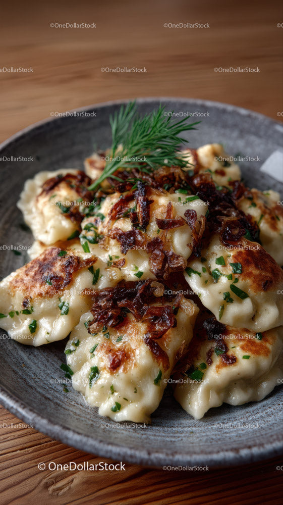 Delicious Dumplings with Crispy Onions and Herbs in Rustic Plate