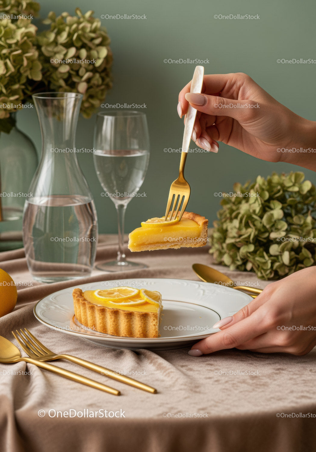 Lemon Tart Slice with Lemon Slices on Elegant Table Setting
