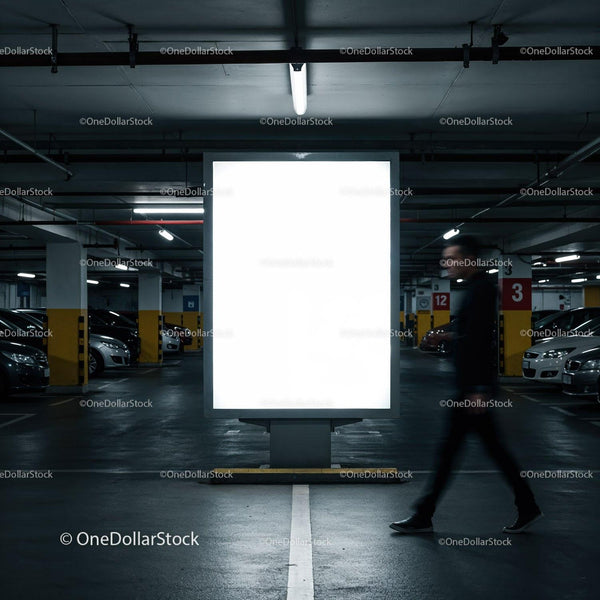 Person walking past illuminated billboard in parking garage JPG Mockup Image