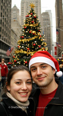 Couple smiling near decorated Christmas tree in city