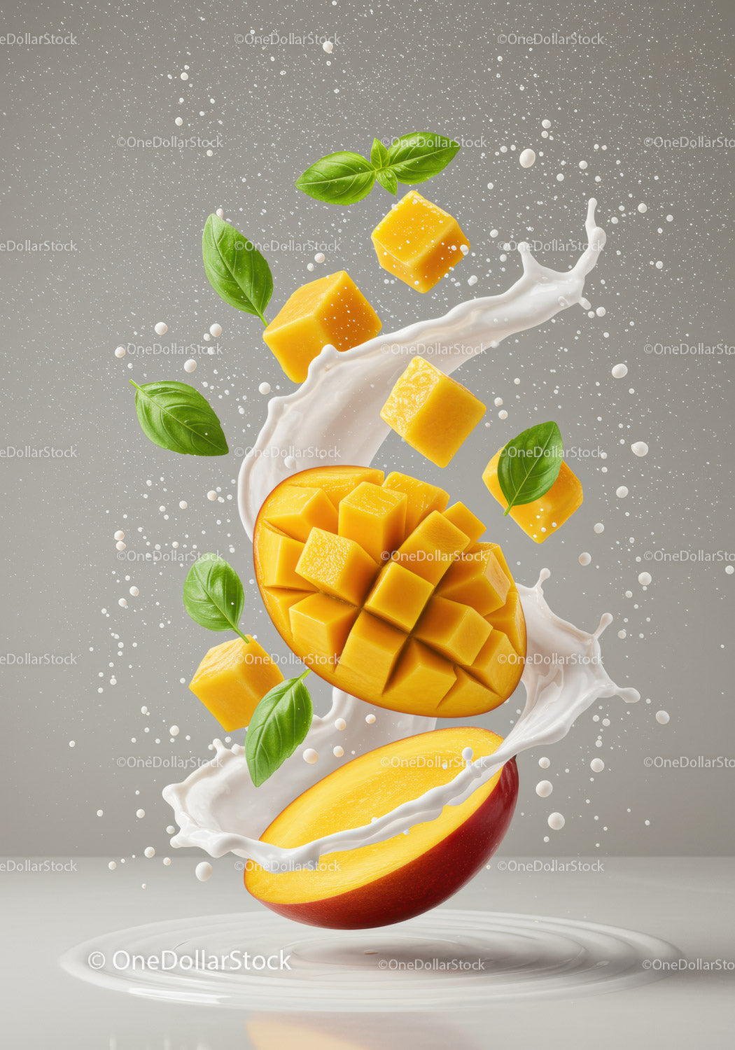 Świeże kostki mango z bazylią i odrobiną mleka