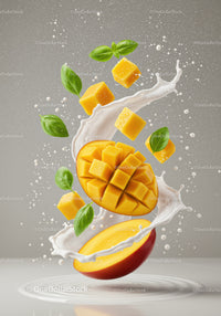 Fresh mango cubes with basil and milk splash