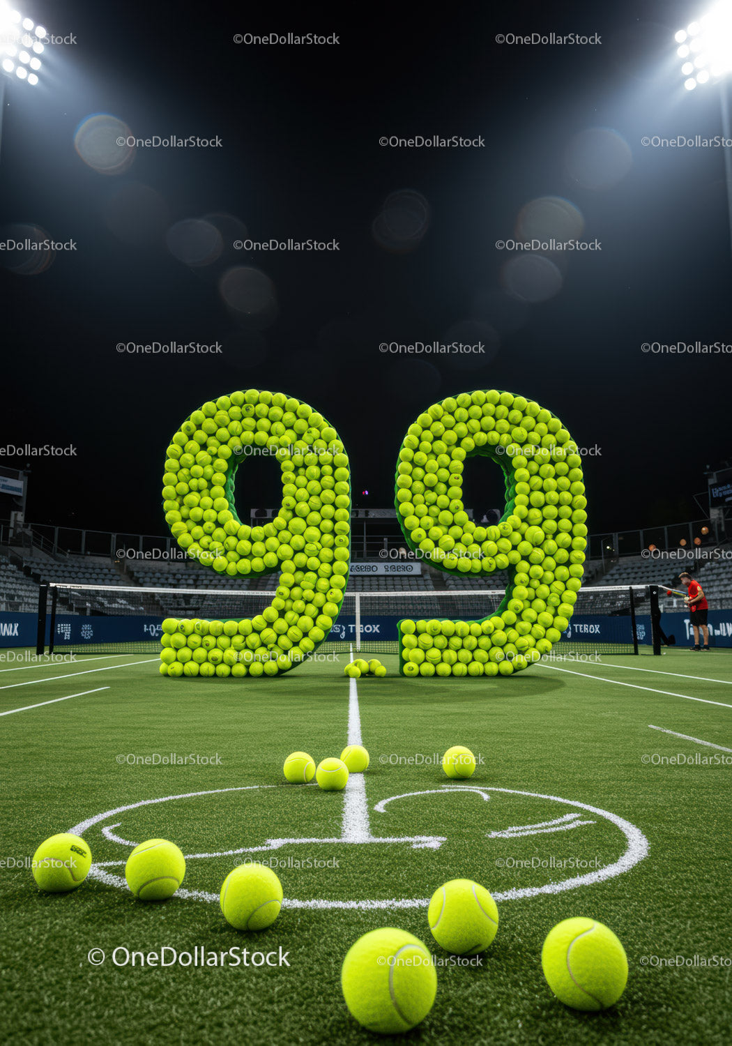 Large tennis ball number display 9.9 on court at night