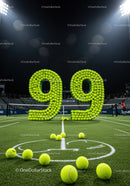 Large tennis ball number display 9.9 on court at night
