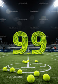 Large tennis ball number display 9.9 on court at night