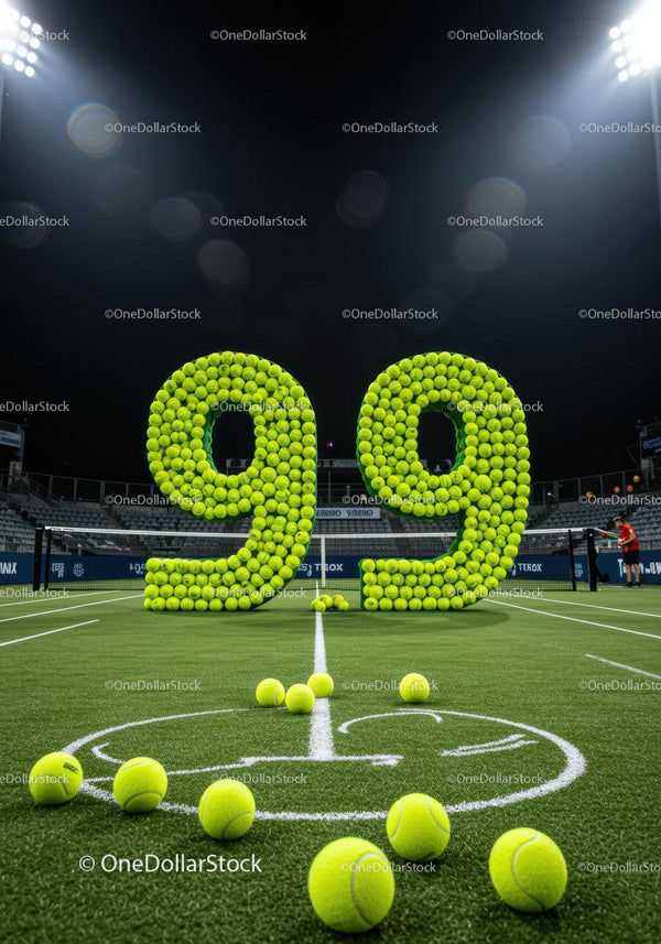 Large tennis ball number display 9.9 on court at night