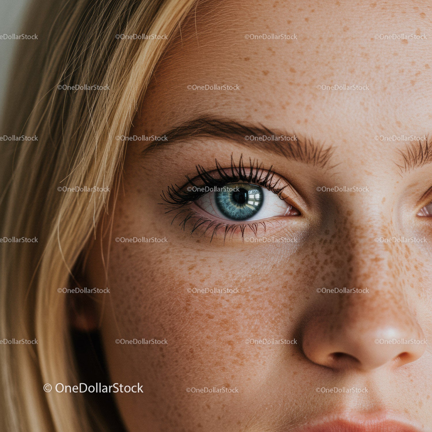 Close-up of a freckled woman with bright blue eyes