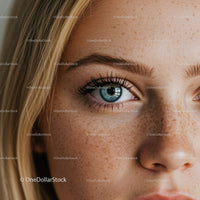 Close-up of a freckled woman with bright blue eyes