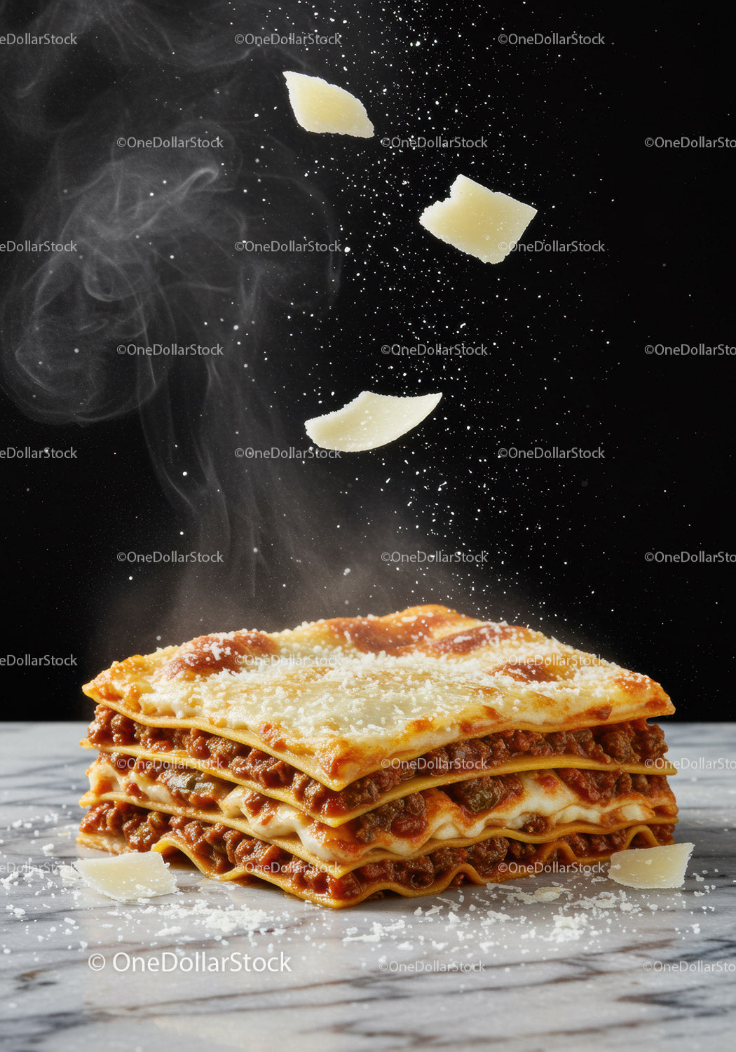Classic layered lasagna sprinkled with parmesan cheese