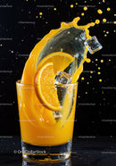 Fresh orange juice splash with ice cubes and slices
