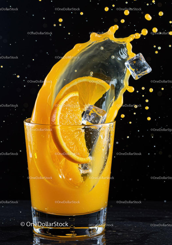 Fresh orange juice splash with ice cubes and slices