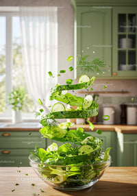 Fresh green salad ingredients suspended over bowl