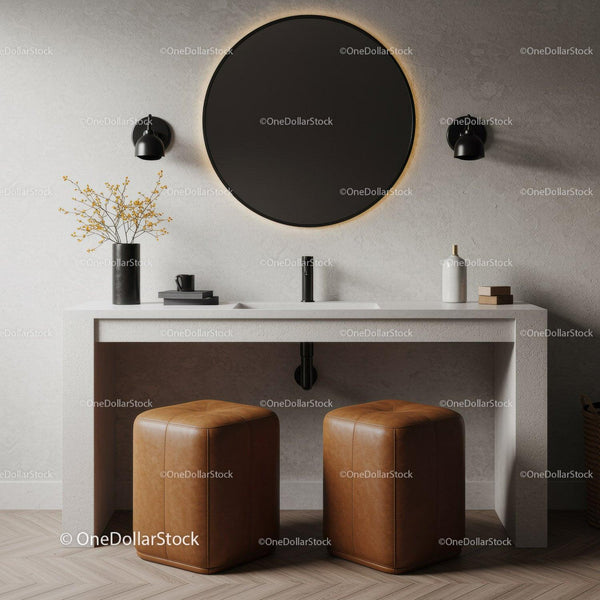 Modern Minimalist Bathroom with Beige Walls and Leather Ottomans