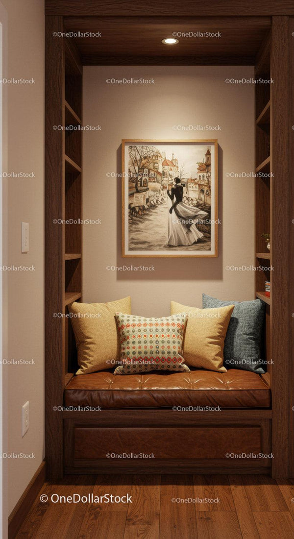 Elegant Cozy Corner with Cushions and Artistic Wall Decor