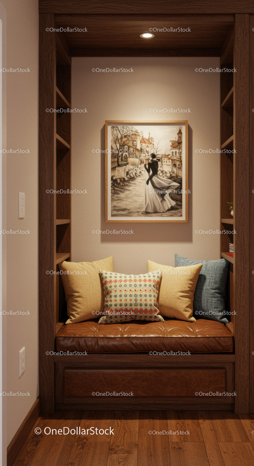 Elegant Cozy Corner with Cushions and Artistic Wall Decor
