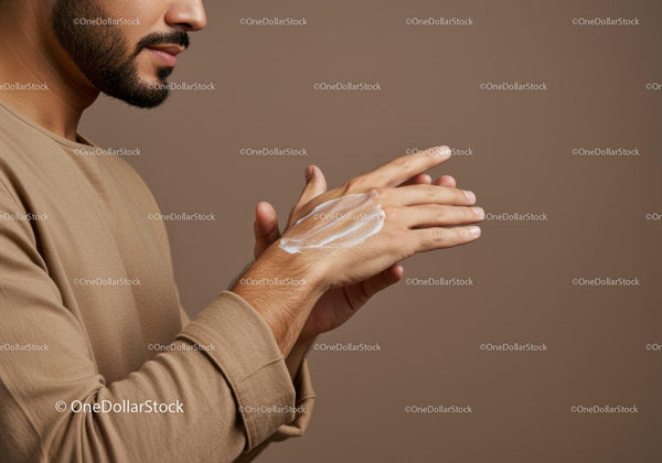 Man Applying Lotion with Hand Cream in Skincare Routine