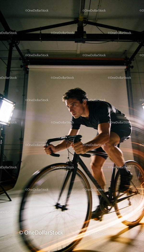 Focused man riding racing bike indoors in motion