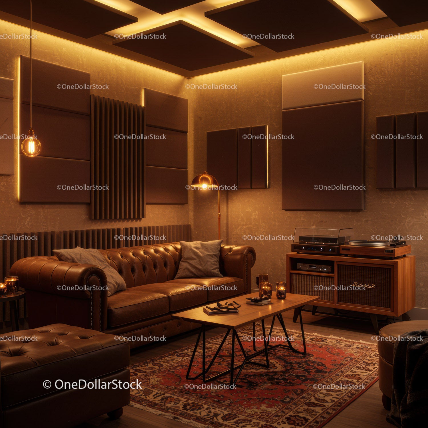 Cozy vintage living room with warm ambient lighting