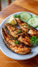 Grilled Salmon with Cucumber Slices and Boiled Egg on White Plate