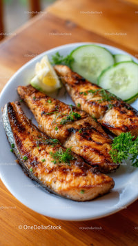 Grilled Salmon with Cucumber Slices and Boiled Egg on White Plate