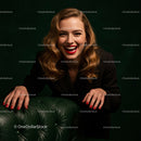 Confident Smiling Woman in Stylish Attire Sitting on Leather Sofa