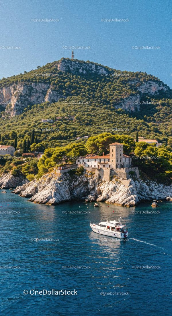 Mediterranean Coastal Landscape with Rocky Cliffs and Yacht