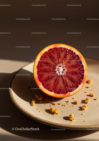 Ripe blood orange half on ceramic plate with crumbs