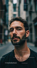 Thoughtful bearded man standing in urban street