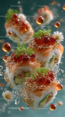 Fresh Sushi Rolls with Salmon and Avocado Garnished with Edible Flowers