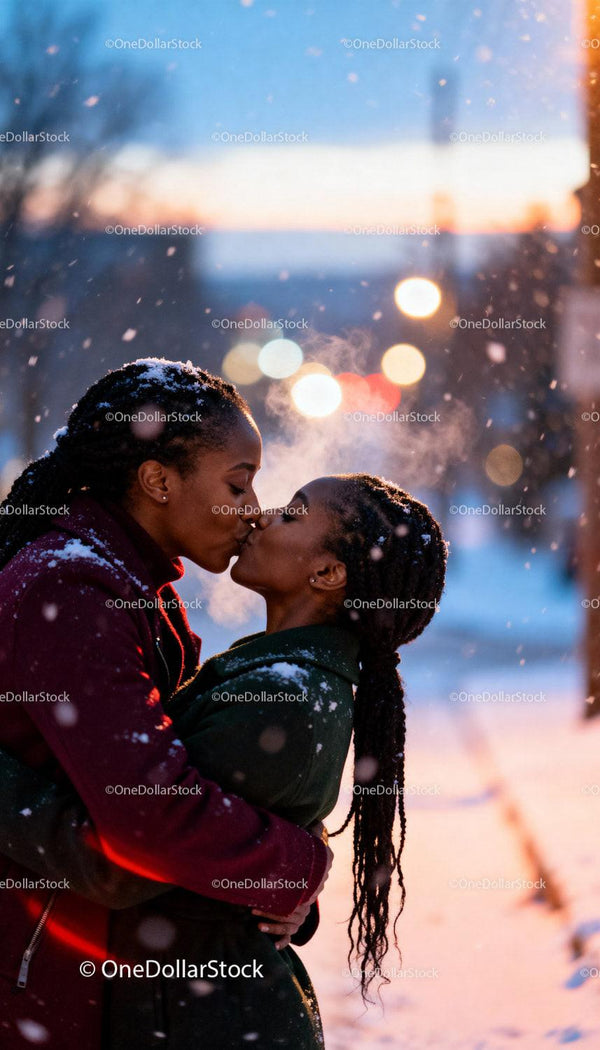 Couple sharing a tender kiss on a snowy winter evening