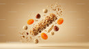 Nut and dried apricot cereal bar with oats flying