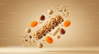 Nut and dried apricot cereal bar with oats flying