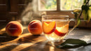 Peach Infused Water in Glass Cup on Wooden Table with Sunlight
