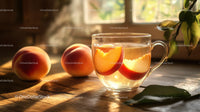 Peach Infused Water in Glass Cup on Wooden Table with Sunlight