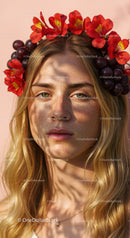 Beautiful Woman Wearing Floral Crown with Red Alstroemeria and Grape Flowers