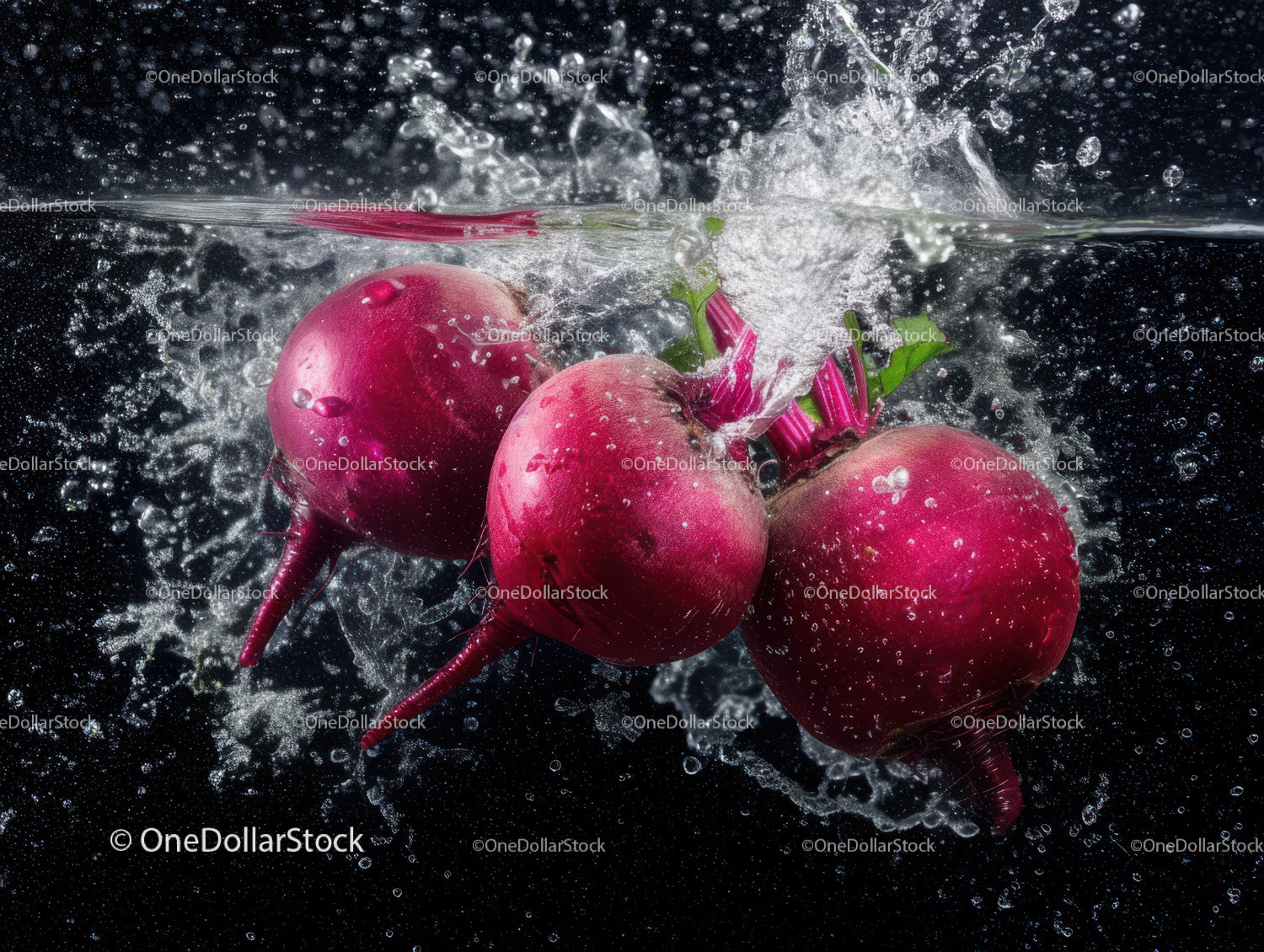 Fresh Red Radishes with Water Splash in a Crisp Food Photography