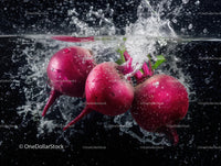 Fresh Red Radishes with Water Splash in a Crisp Food Photography