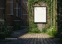 Blank Square Banner on Ivy-Covered Stone Wall in Alley