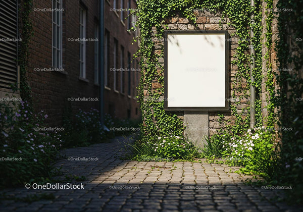 Blank Square Banner on Ivy-Covered Stone Wall in Alley JPG Mockup Image