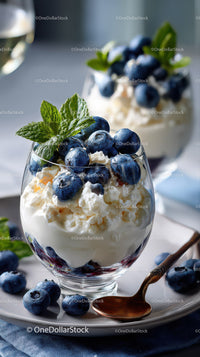 Fresh Blueberry Yogurt Dessert with Mint and Cream in Glass