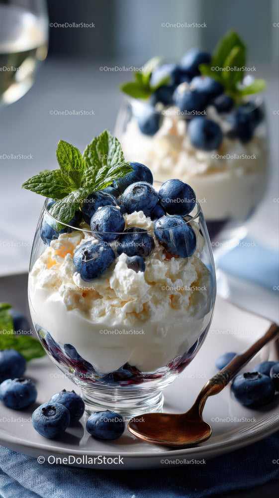 Fresh Blueberry Yogurt Dessert with Mint and Cream in Glass