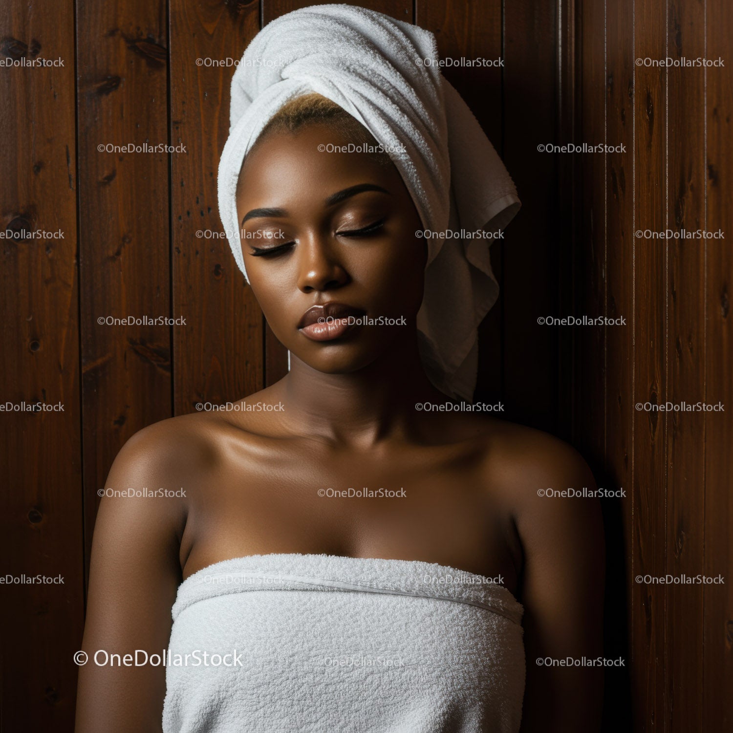 Elegant Woman with Towel Wrap and Spa Setting in Warm Natural Tones