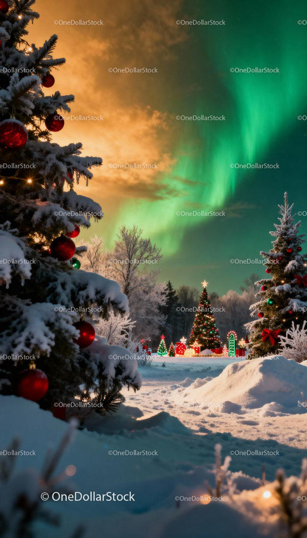 Christmas trees glowing under northern lights in winter