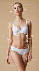 Beautiful Young Woman in White Lingerie Posing Against Beige Studio Background