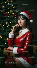 Young woman in festive Santa outfit with Christmas gift