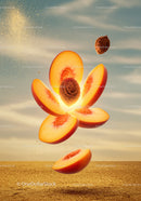 Flying Sliced Peach with Seeds and Golden Sparkle