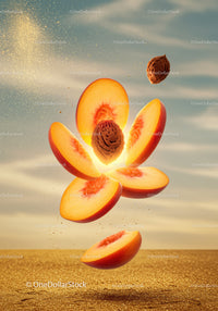 Flying Sliced Peach with Seeds and Golden Sparkle
